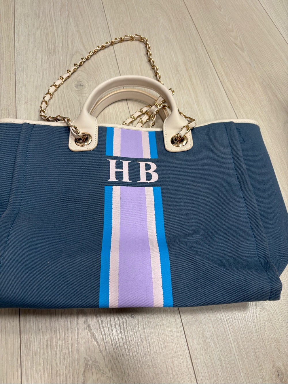 Lily and Bean Canvas Tote Bag with Lavender & Blue Stripe